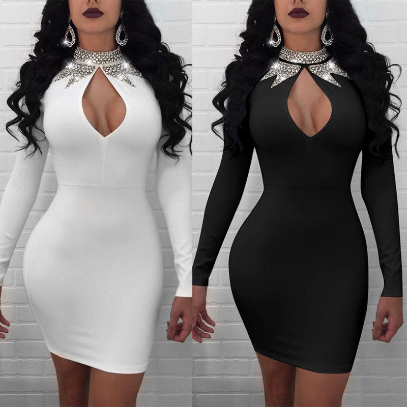 Women Sexy Deep turtleneck Squined Bandage Long sleeve Bodycon Evening Party Mini pencil Dress Summer vestidos dresses for women