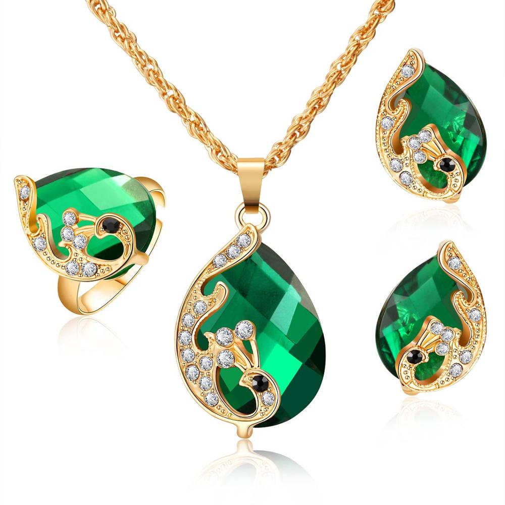 ZOSHI Wedding Jewelry Sets for Women Crystal Gold Chain Peacock Necklace Earrings Set Adjustable Rings 3pcs Jewelry Set