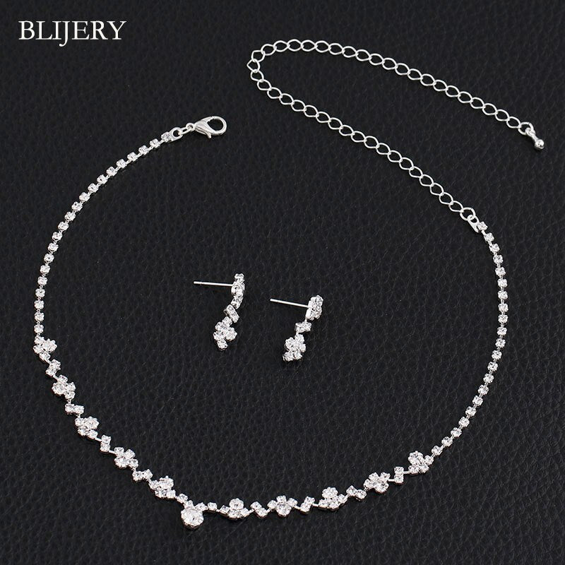 BLIJERY Fashion Crystal Bridal Jewelry Sets Silver Color Geometric Choker Necklace Earrings Bracelet Wedding Jewelry Sets