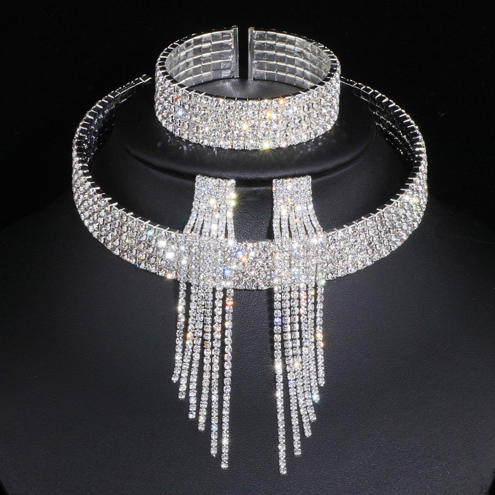 Classic Elegant Tassel Crystal Bridal Jewelry Sets African Rhinestone Wedding Necklace Earrings Bracelet Sets WX081