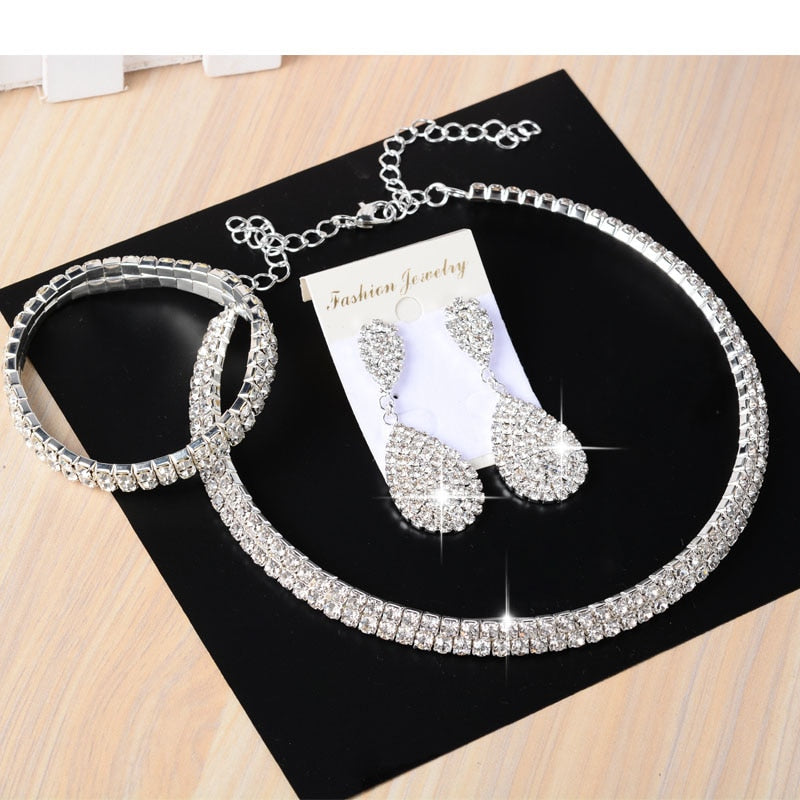 3 PCS Luxury Wedding Bridal Jewelry Sets for Women Necklace Bracelet Australia Crystal Long Earring Set Elastic 11.11 Sale