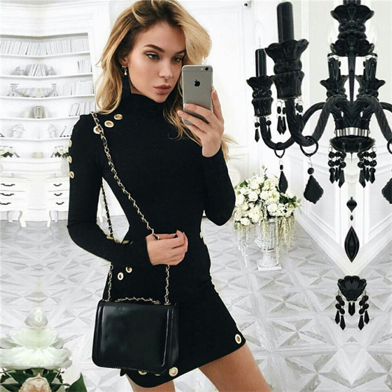 2018 Spring Summer New Women Long Sleeve Sexy Black Mini Dress Package Hip Eyelet Bandage Dress High-Necked Casual Party Dress