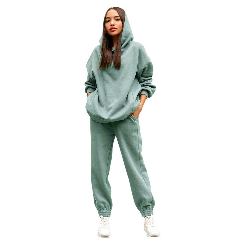 Casual Two Piece Set Hoodie Solid Color Short Tops And Long Pants Loose 2 Piece Set Women Fashion Sexy Sport Female Tracksuits