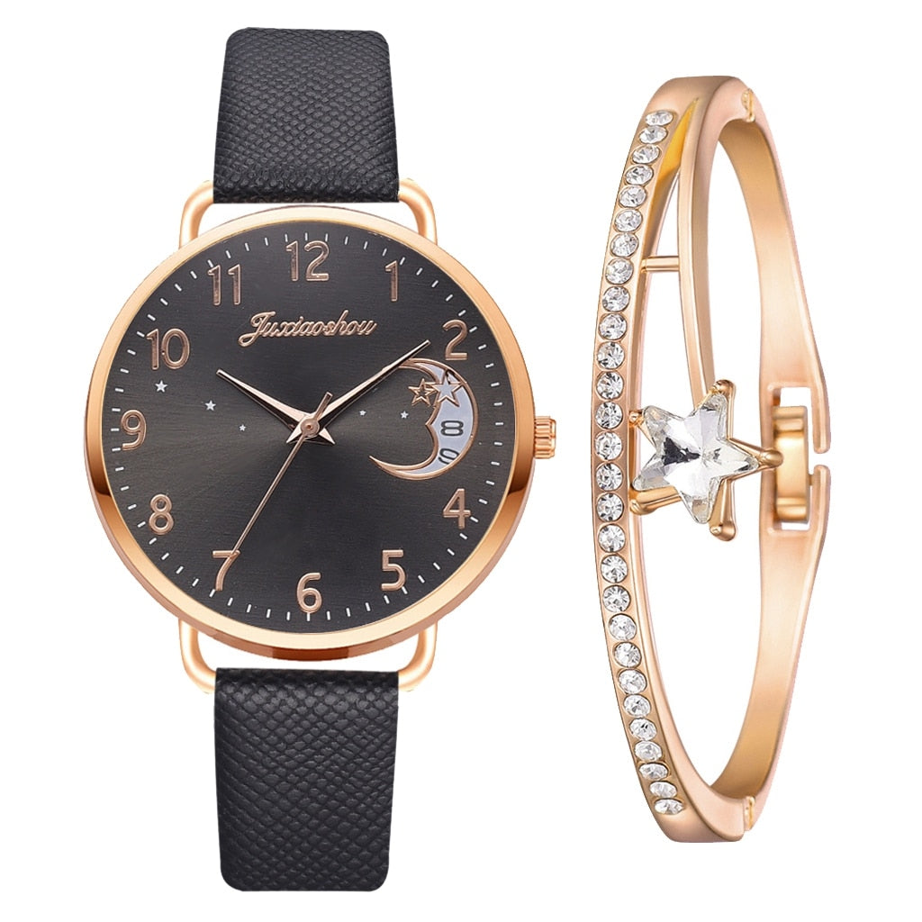 Women Watch Moon Numbers Dial Bracelet Watches Set Ladies Leather Band Quartz Wristwatch Women Female Clock Relogio Mujer Hot