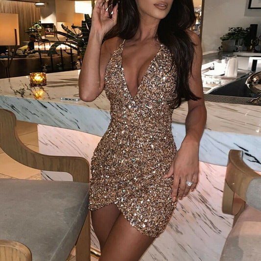 Sexy Women Sequins Glitter Sparkle Deep V Neck Halter Backless Bodycon Short Mini Dress Evening Party Wrap Hip Package Dress