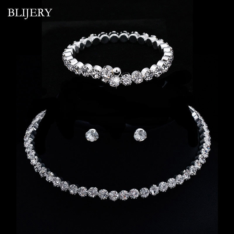 BLIJERY Fashion Crystal Bridal Jewelry Sets Silver Color Geometric Choker Necklace Earrings Bracelet Wedding Jewelry Sets