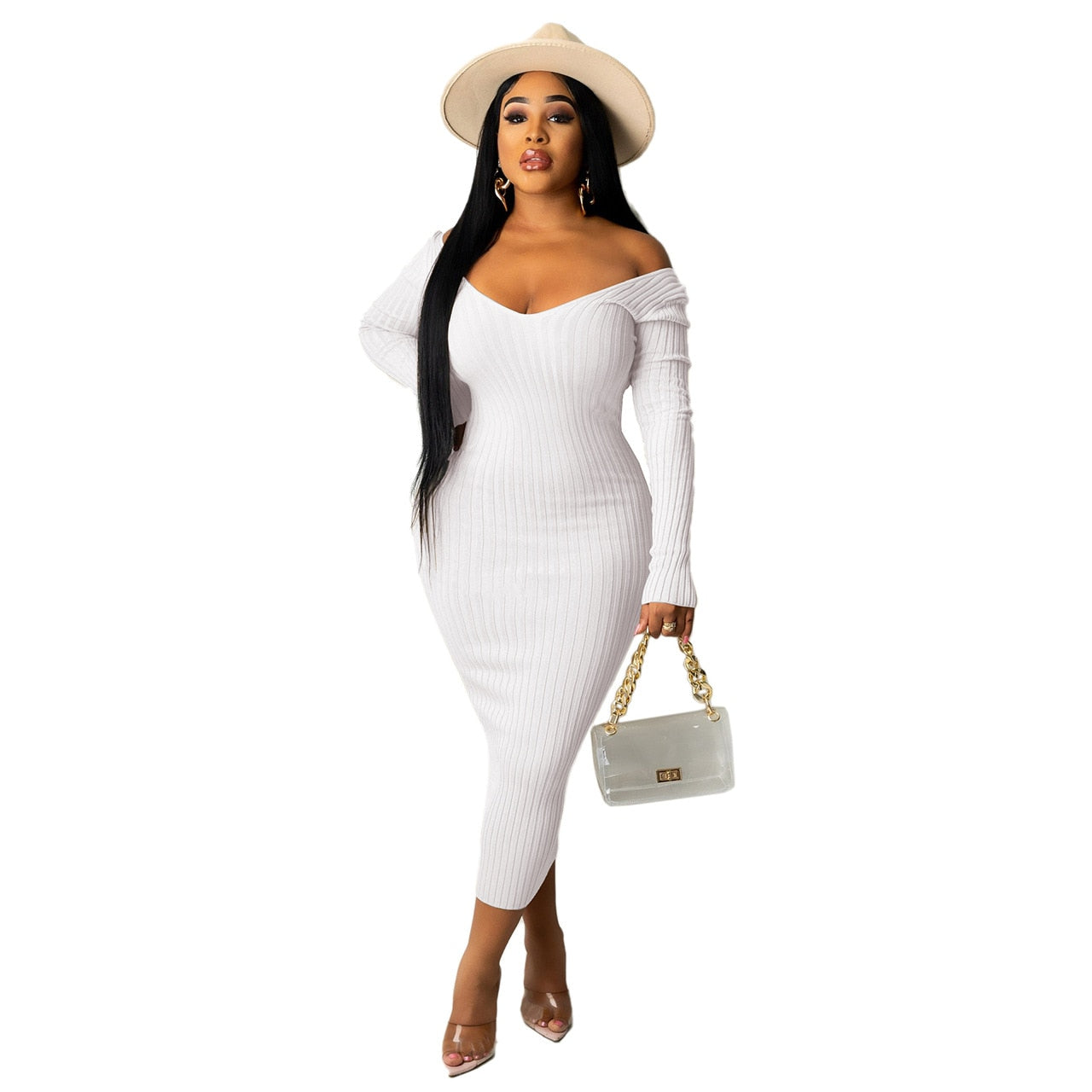 Women Autumn Solid Ribbed Maxi Knitted Dress V Neck Sexy Slim Elastic Basic Long Bodycon Dress Winter Off Shoulder White Dresses