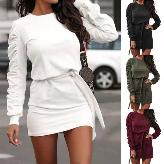 Summer Women High Waist Ruffled Sleeve Dresses Solid Color O Neck Fashion Casual Sweatshirt Dress Street Style Belt Pullovers