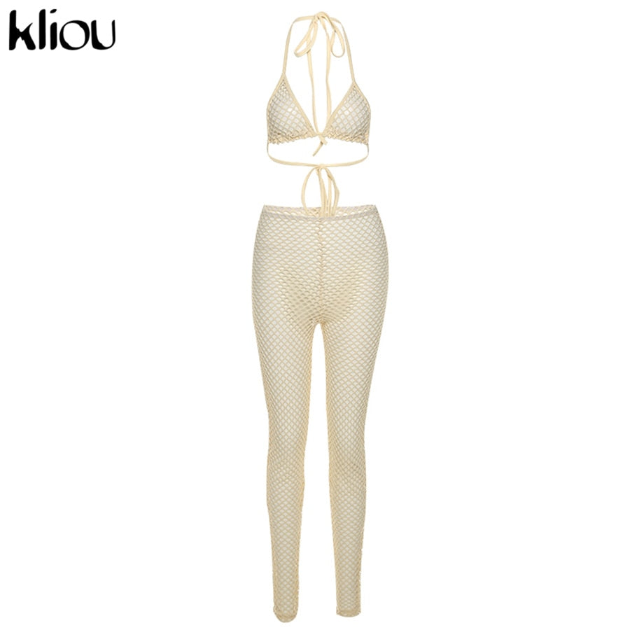 Kliou See Through Hollow Out Sexy Two Piece Set Women Summer Streetwear Fashion Skinny Sexy Sleeveless Halter Bikini Plaid Pants