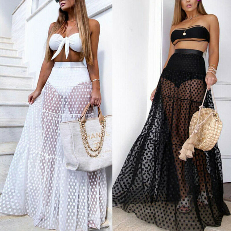 Women Summer Beach Sundress Boho Maxi High Waist Sheer Skirt Retro Polka Dot Long Skirts Club Party