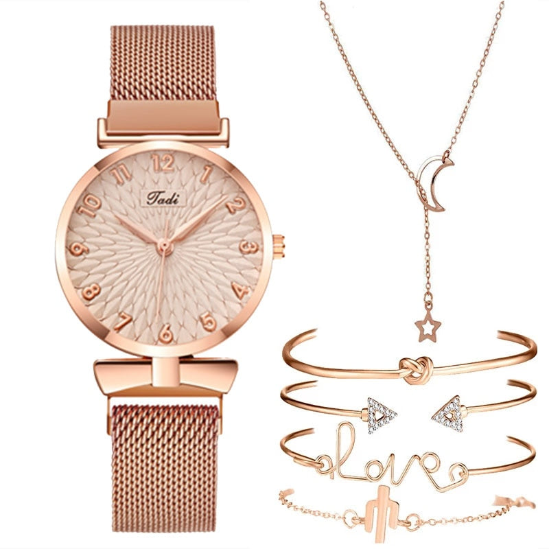 Luxury Women Watches 6pcs Set Elegant Female Wristwatches Magnetic Mesh Band Rose Woman Watch Bracelet montre femme reloj mujer