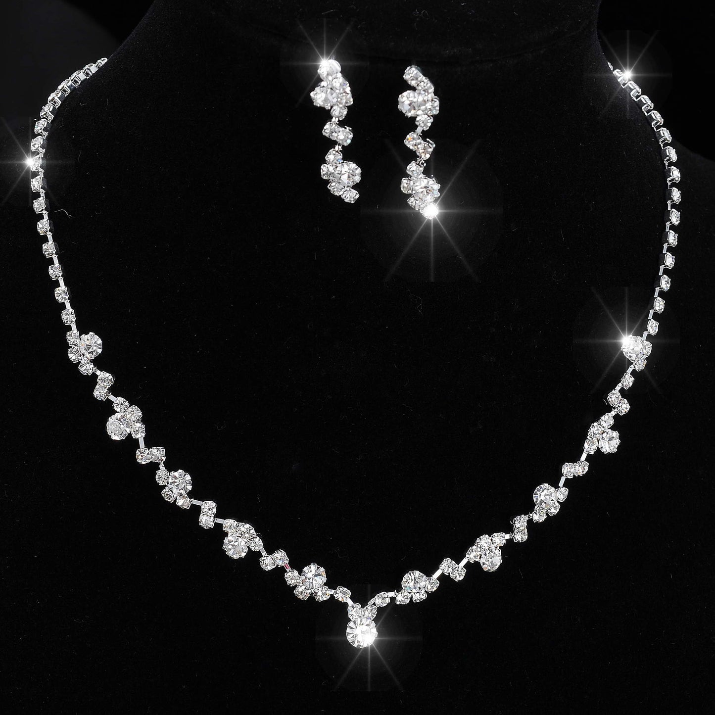 Silver Color Rhinestone Crystal Bridal Jewelry Set Earrings Necklace Wedding Geometric Elegant Romantic Bridesmaid Jewelry Sets