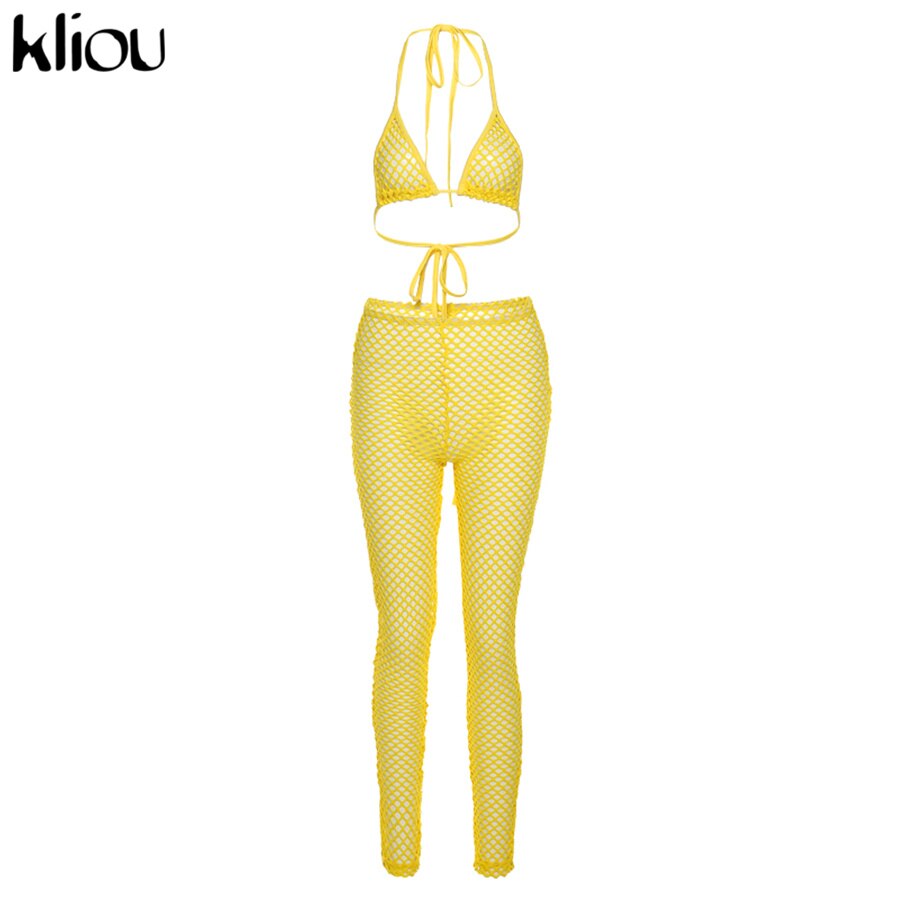 Kliou See Through Hollow Out Sexy Two Piece Set Women Summer Streetwear Fashion Skinny Sexy Sleeveless Halter Bikini Plaid Pants