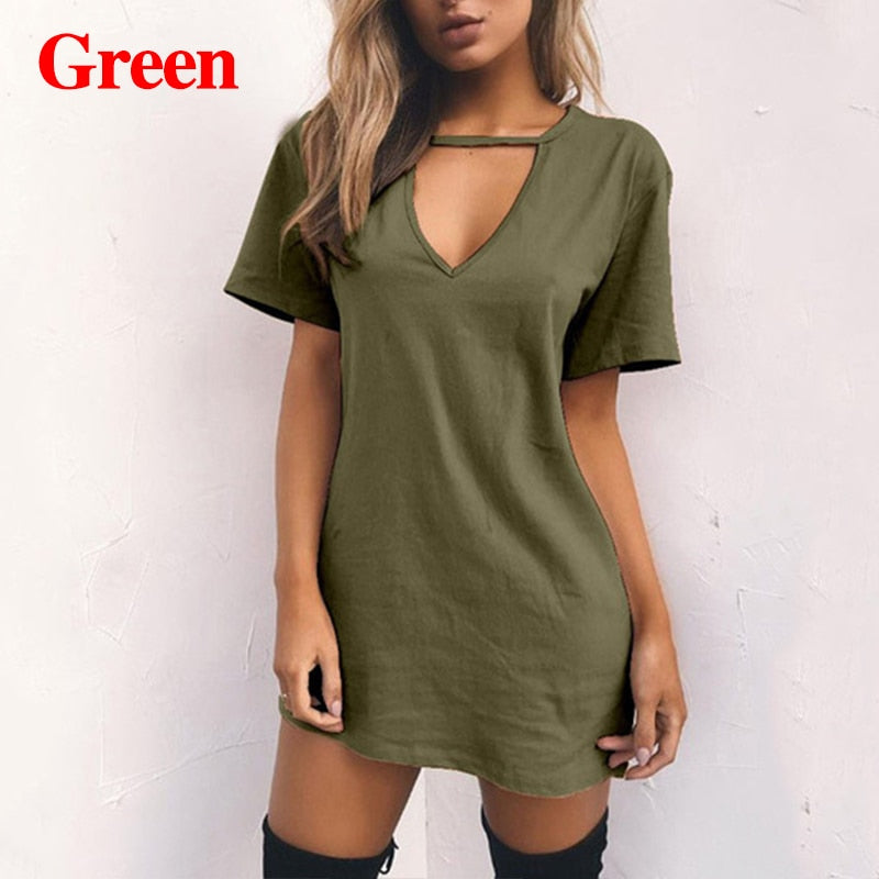 Women Tshirt Dress Choker Deep V-neck Summer Dresses Mini T-Shirt Dress Short Sleeve Ladies Casual Sexy Clothing Dropshipping