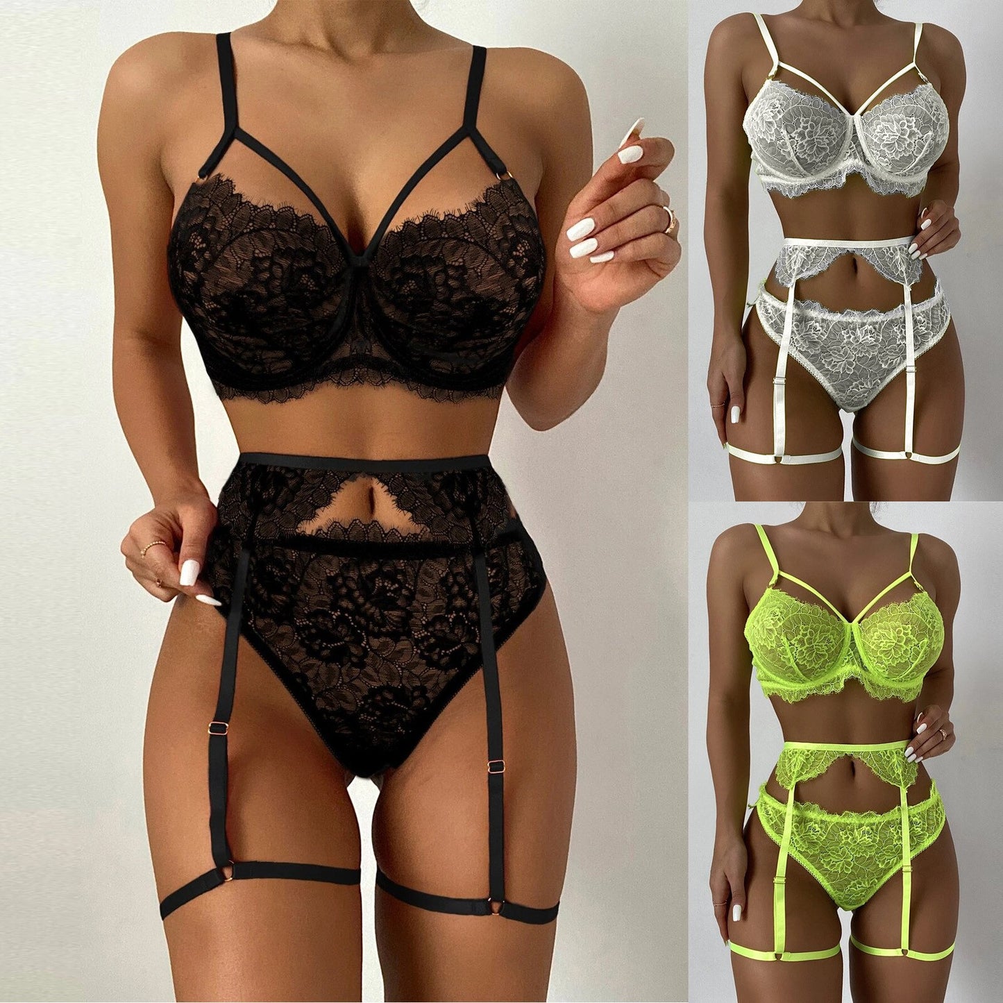 Women Sexy Fashion Lingerie Set with White Lace Straps Lingerie Corset Lace Underwire Racy Muslin Sleepwear Underwear Tops+Brief