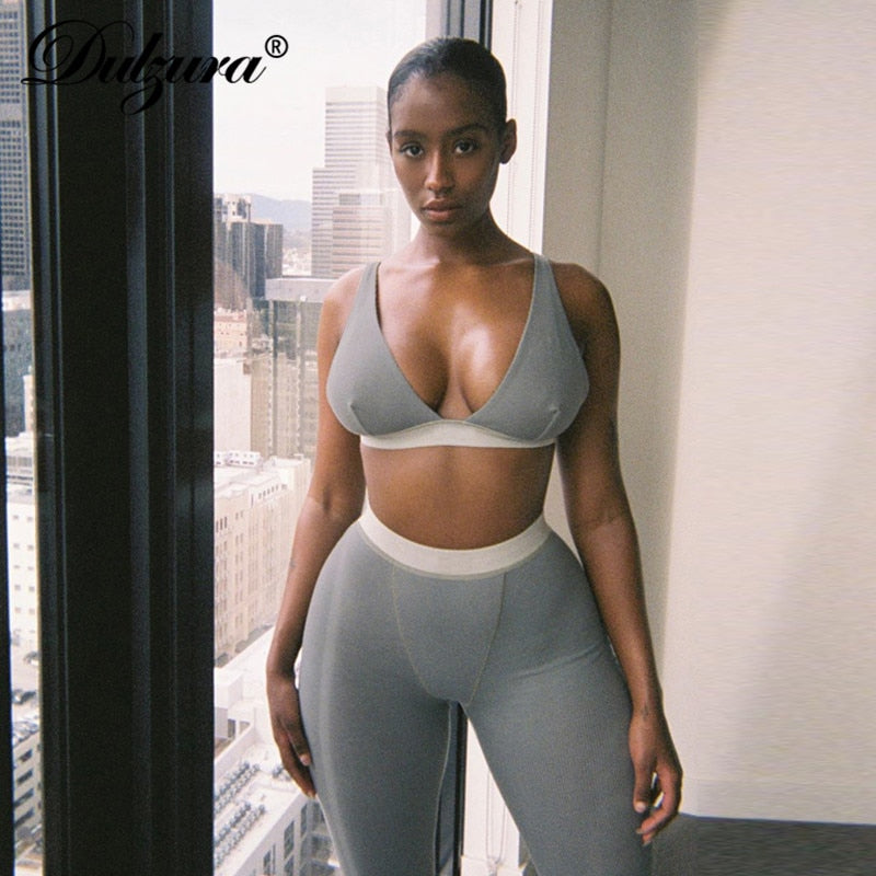 Dulzura Ribbed Women 2 Pieces V Neck Bra Leggings Set Crop Top Matching Co Ords 2020 Autumn Winter Clothes Sporty Tracksuit Club