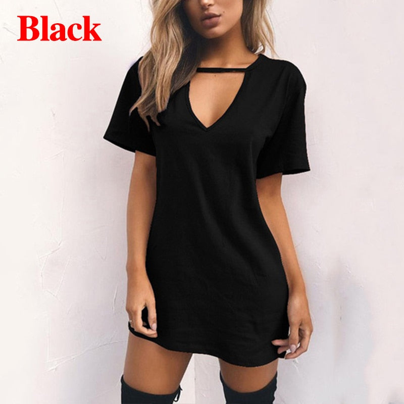 Women Tshirt Dress Choker Deep V-neck Summer Dresses Mini T-Shirt Dress Short Sleeve Ladies Casual Sexy Clothing Dropshipping