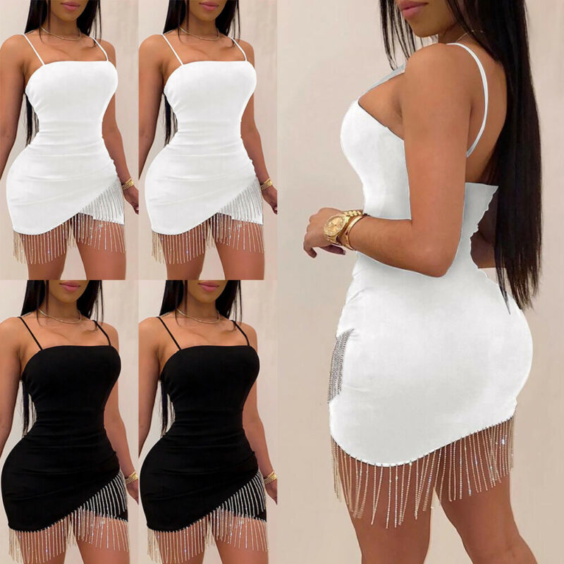 Sexy Dresses Woman Party Night Birthday Tassel Split Sleeveless Bodycon Dress Summer Elegant Suspender Short Mini Pencil Dresses