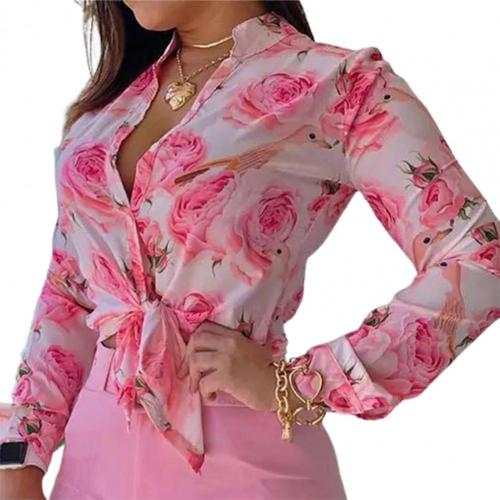 Elegant Office Lady Shirt Stand Collar Single-breasted Floral Print Long Sleeve Buttons Down Blouse for Spring/Summer