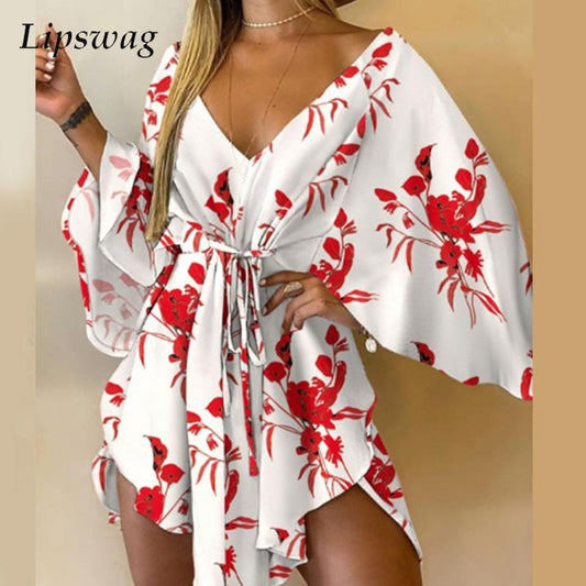 Sexy V-Neck Women Mini Dress Casual Leaf Leopard Print Harajuku Batwing Sleeve Dress Lady Elegant Lace-Up Irregular Party Dress