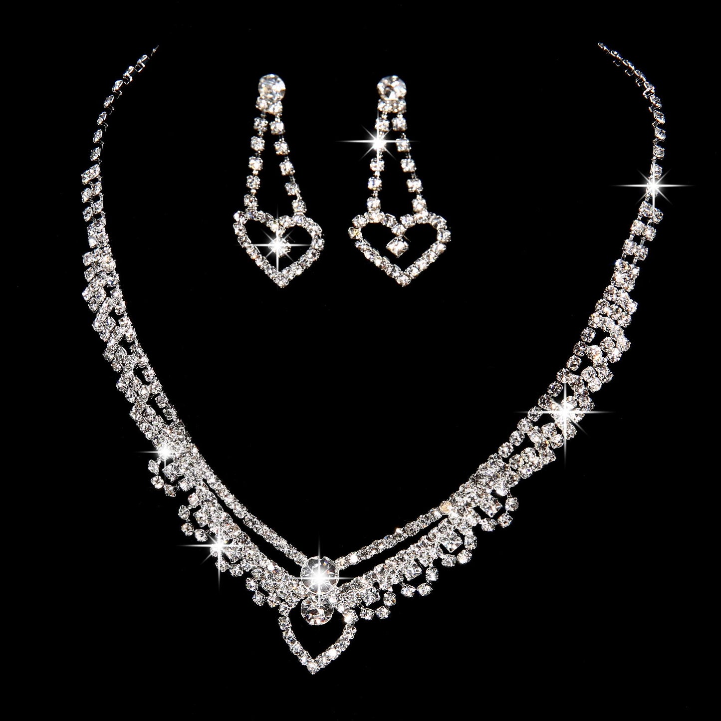 Silver Color Rhinestone Crystal Bridal Jewelry Set Earrings Necklace Wedding Geometric Elegant Romantic Bridesmaid Jewelry Sets