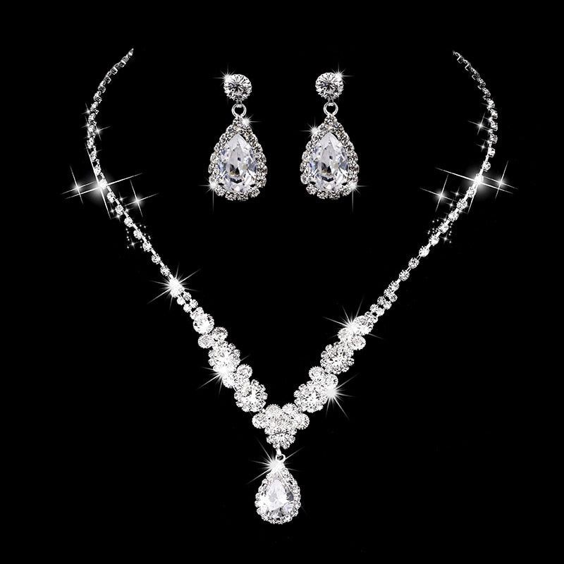 Water Drop Rhinestone Long Pendant Full Crystal Silver Plated Necklace & Earrings Elegant Bridal Wedding Jewelry Set