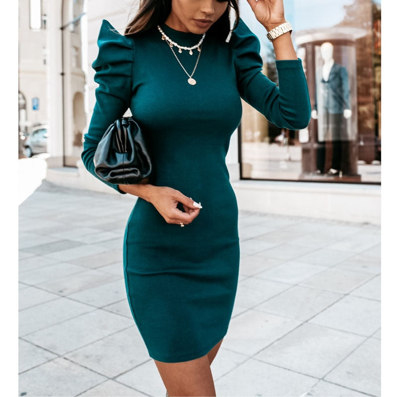 Sexy Office Lady Puff Long Sleeved Vestidos Women's Fashion Solid Color Bodycon Package Hip Party Dress Autumn Slim Fit Dresses