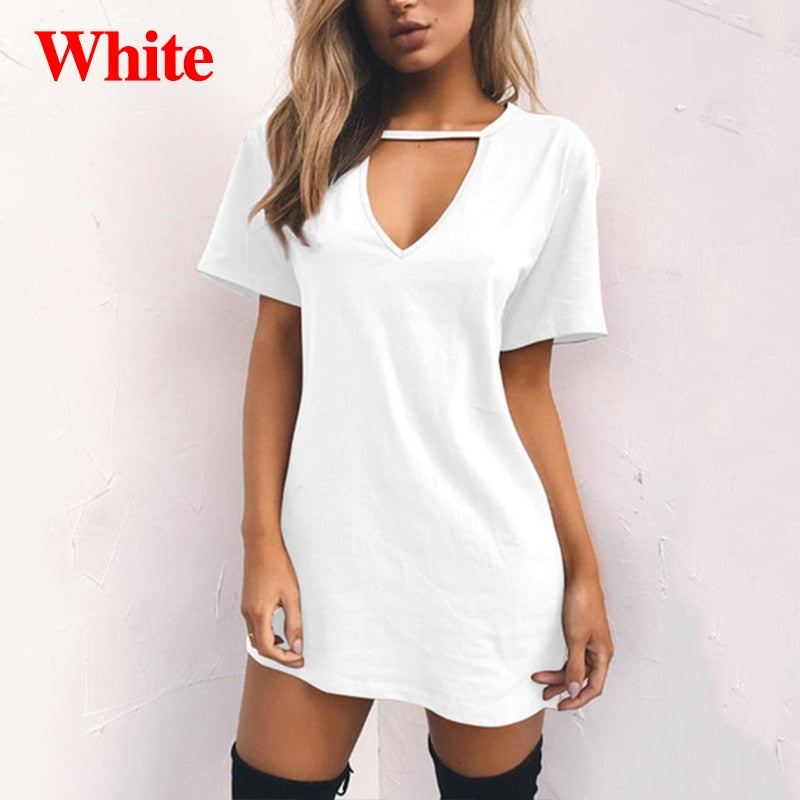 Women Tshirt Dress Choker Deep V-neck Summer Dresses Mini T-Shirt Dress Short Sleeve Ladies Casual Sexy Clothing Dropshipping