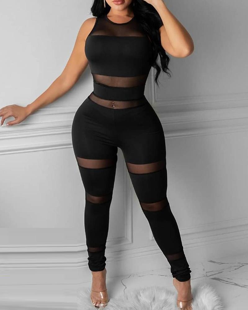 Elegant Casual Sheer Mesh Thick Strap Sleeveless Skinny Jumpsuit Solid Sexy Round Neck Party