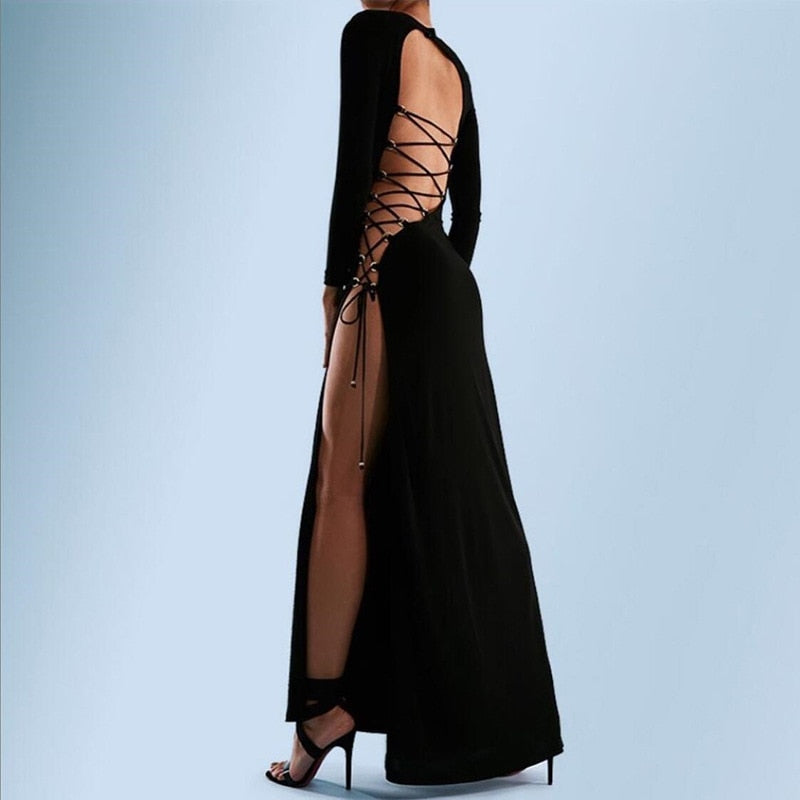 Cryptographic Fall 2021 Fashion Bandage Long Sleeve Sexy Backless Maxi Dress Women Clothing Elegant Club Party Split Dresses