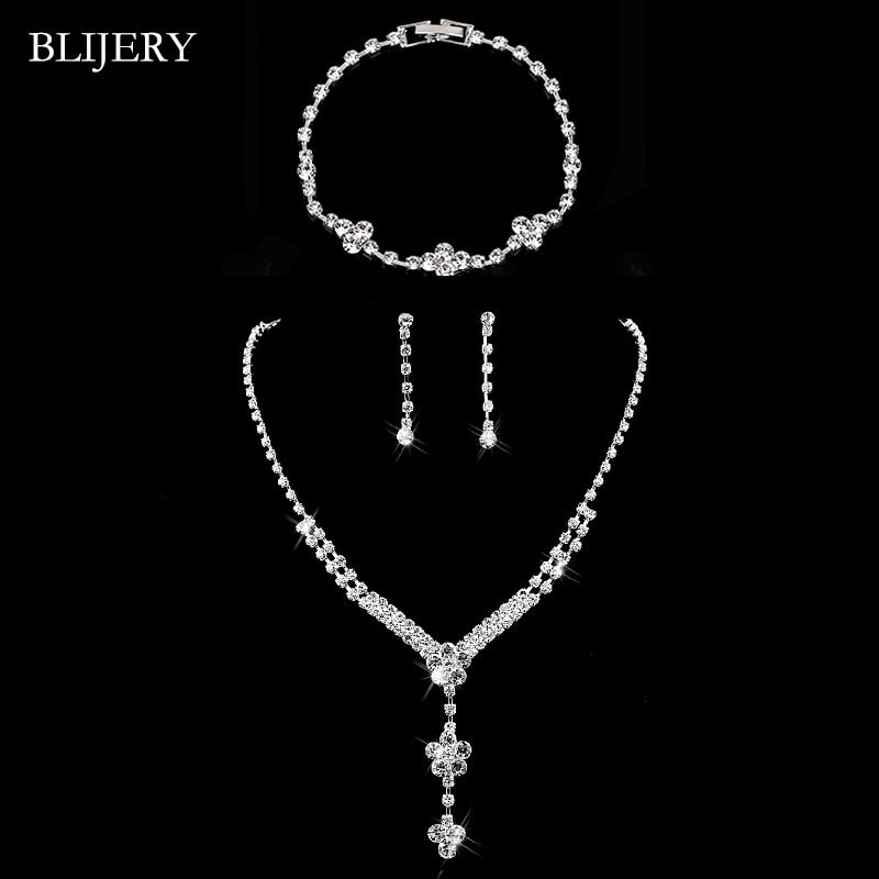 BLIJERY Fashion Crystal Bridal Jewelry Sets Silver Color Geometric Choker Necklace Earrings Bracelet Wedding Jewelry Sets