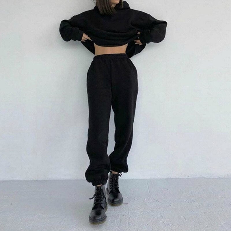 Casual Two Piece Set Hoodie Solid Color Short Tops And Long Pants Loose 2 Piece Set Women Fashion Sexy Sport Female Tracksuits