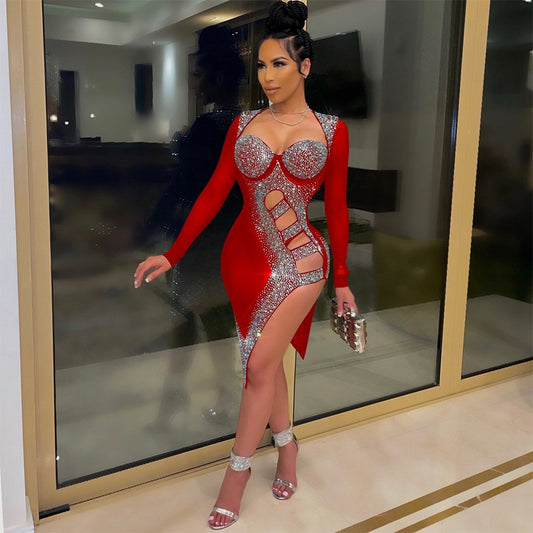 Women's Clothing Summer 2021 Fashion Mesh Diamond Perspective Night Club Dress Sexy Long Sleeve Hollow Out Split Evening Party