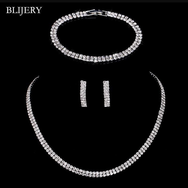 BLIJERY Fashion Crystal Bridal Jewelry Sets Silver Color Geometric Choker Necklace Earrings Bracelet Wedding Jewelry Sets