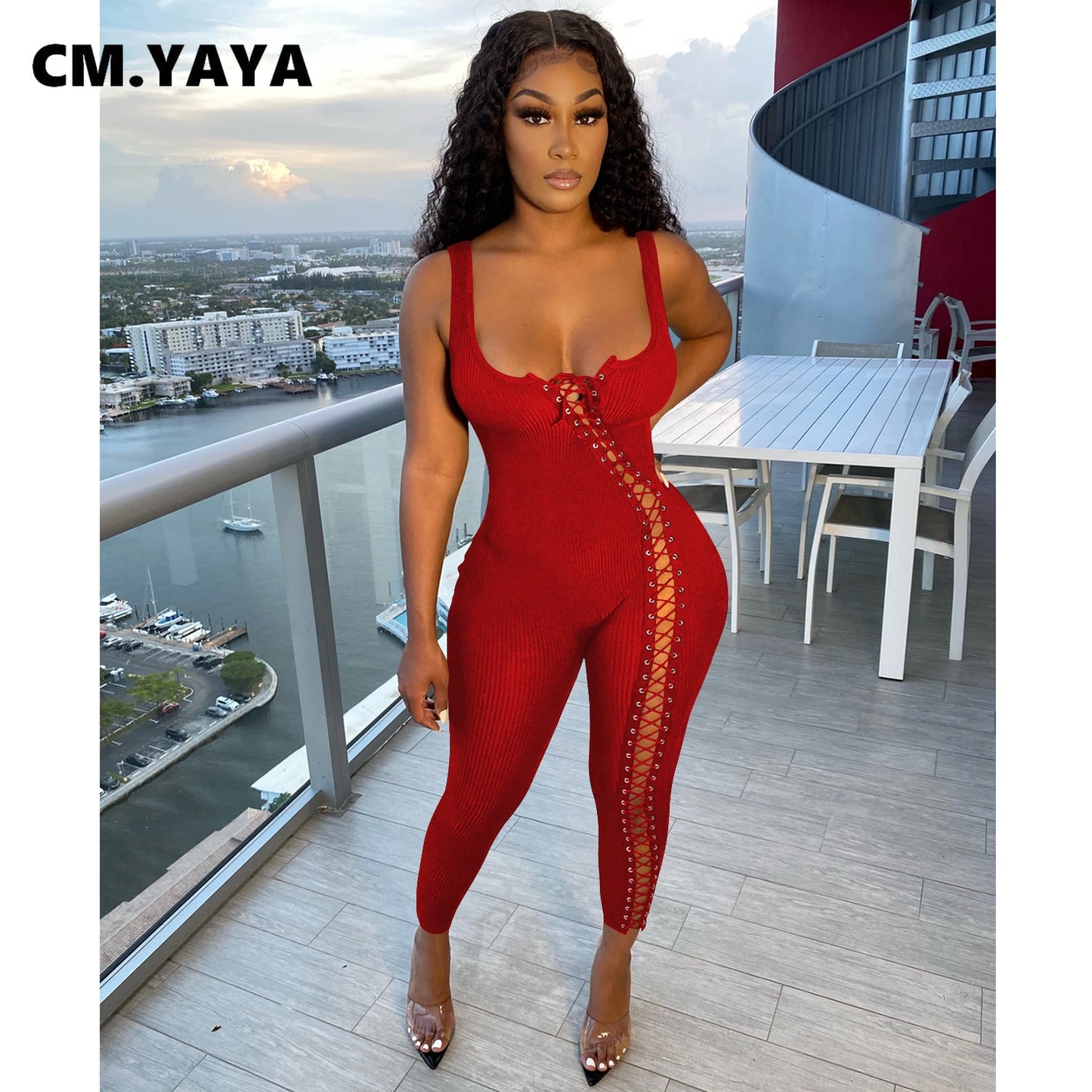 CM.YAYA Women Jumpsuit Solid Sleeveless Squar Collar Bandage Stretchy Bodycon Skinny Jumpsuits Sexy Fashion Outfit Summer 2021