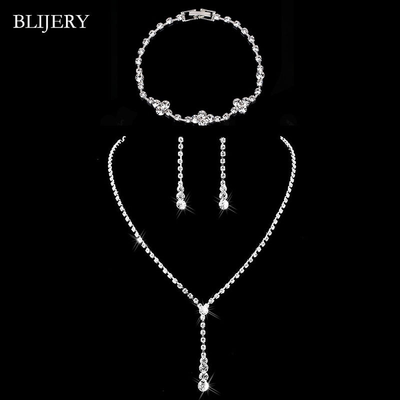 BLIJERY Fashion Crystal Bridal Jewelry Sets Silver Color Geometric Choker Necklace Earrings Bracelet Wedding Jewelry Sets