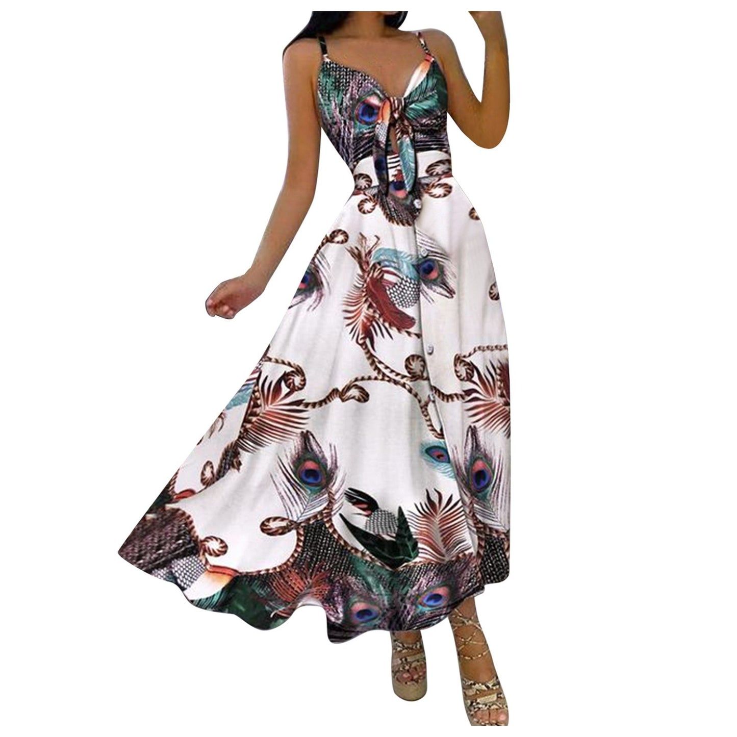 Summer Boho Swing Frenulum Long Dress Women Fashion Daily Beach Holiday Strapless V-Neck Dress Charming  Print Ladies Dress