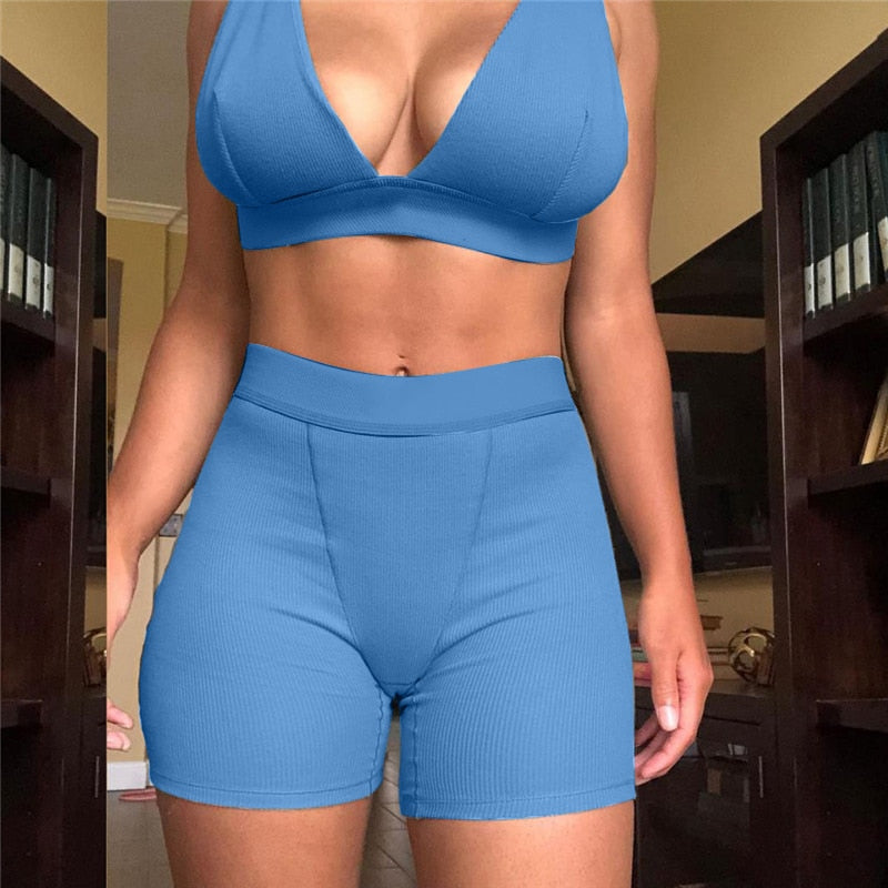 2PCS/Set Sexy Women Sleeveless Strap Bra Bustiers Tank Vest Crop Tops High Waist Shorts Pants Trousers Tracksuit Summer 2021