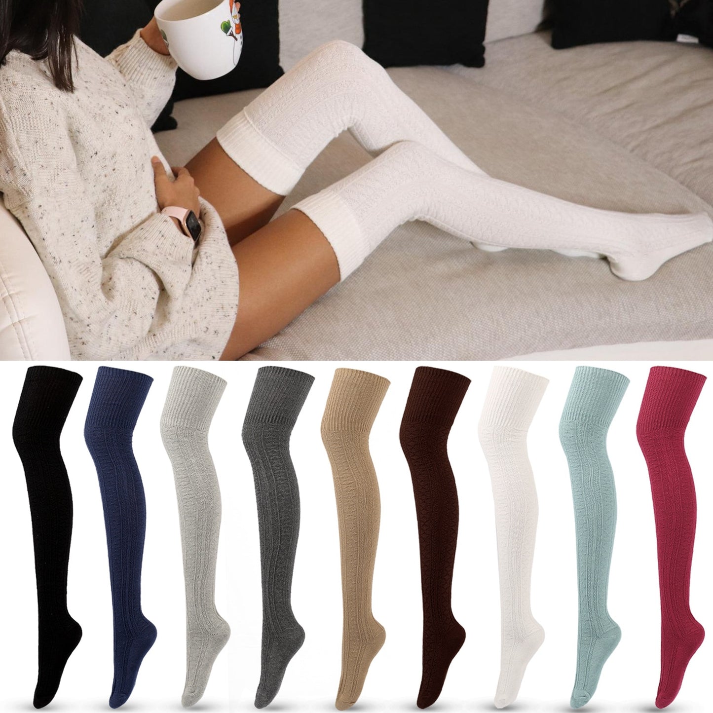 New  Autumn Winter Solid Color Striped Long Stocking Women Warm Cotton Over The Knee Socks Sexy Thigh High Stockings 1 Pair