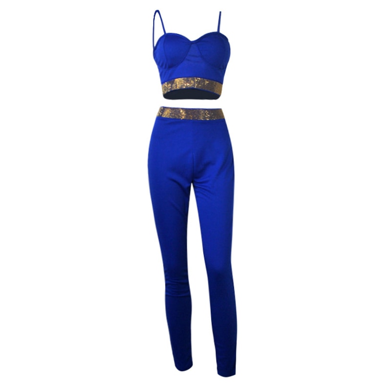 Spaghetti Strap Women Suit 2020 Summer Cami Top And High Waist Pants Two Pieces Set Crystal Diamond Bandage Ladies Casual Outfit