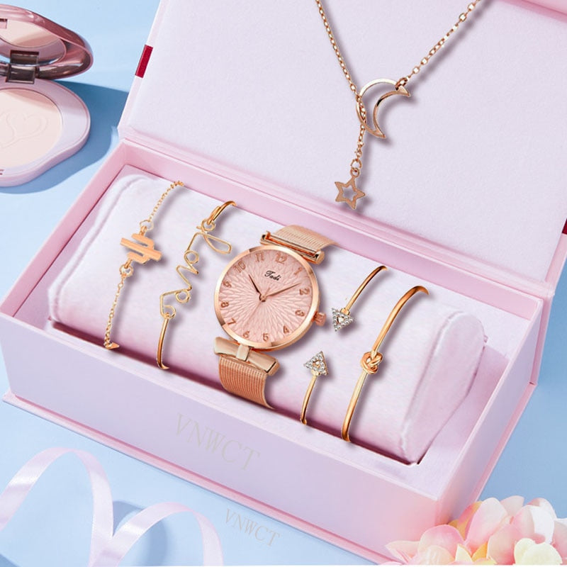 Luxury Women Watches 6pcs Set Elegant Female Wristwatches Magnetic Mesh Band Rose Woman Watch Bracelet montre femme reloj mujer