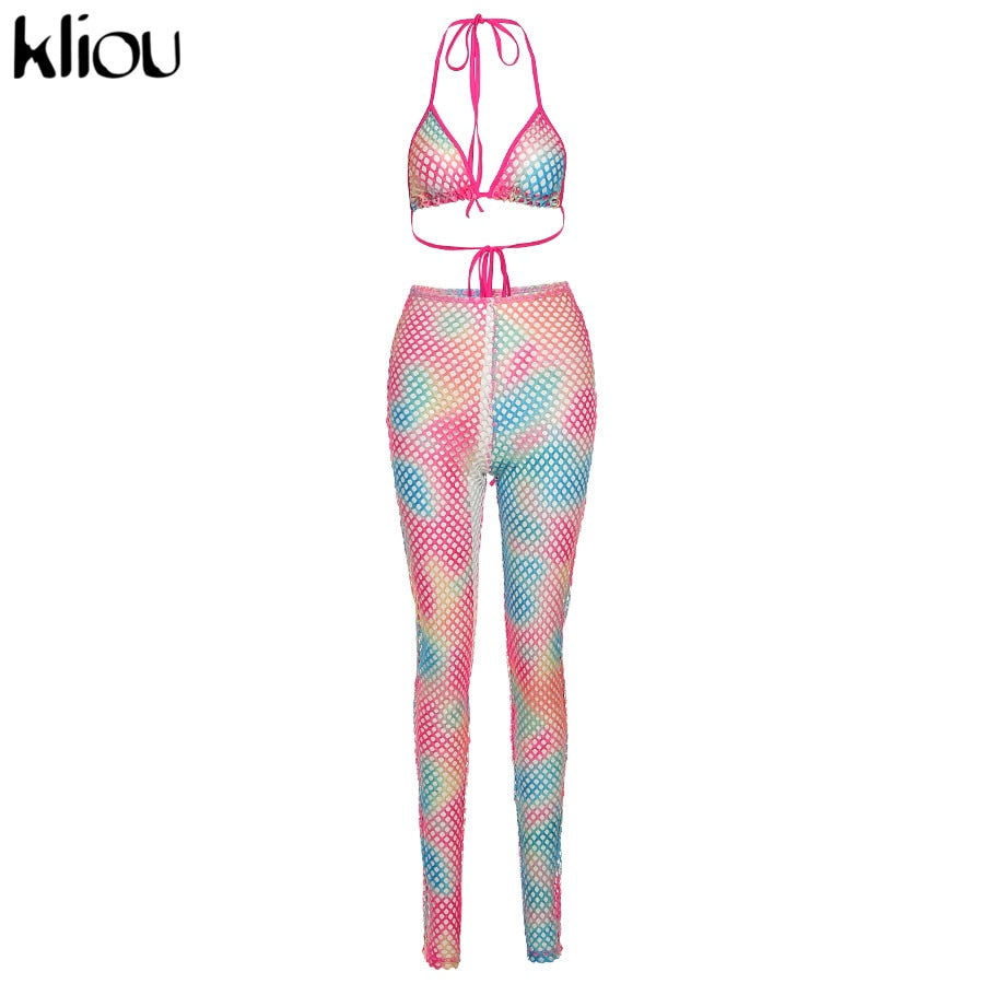 Kliou See Through Hollow Out Sexy Two Piece Set Women Summer Streetwear Fashion Skinny Sexy Sleeveless Halter Bikini Plaid Pants