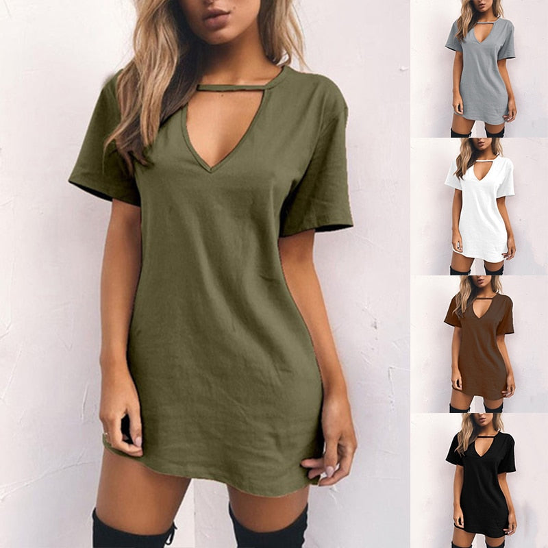 Women Tshirt Dress Choker Deep V-neck Summer Dresses Mini T-Shirt Dress Short Sleeve Ladies Casual Sexy Clothing Dropshipping