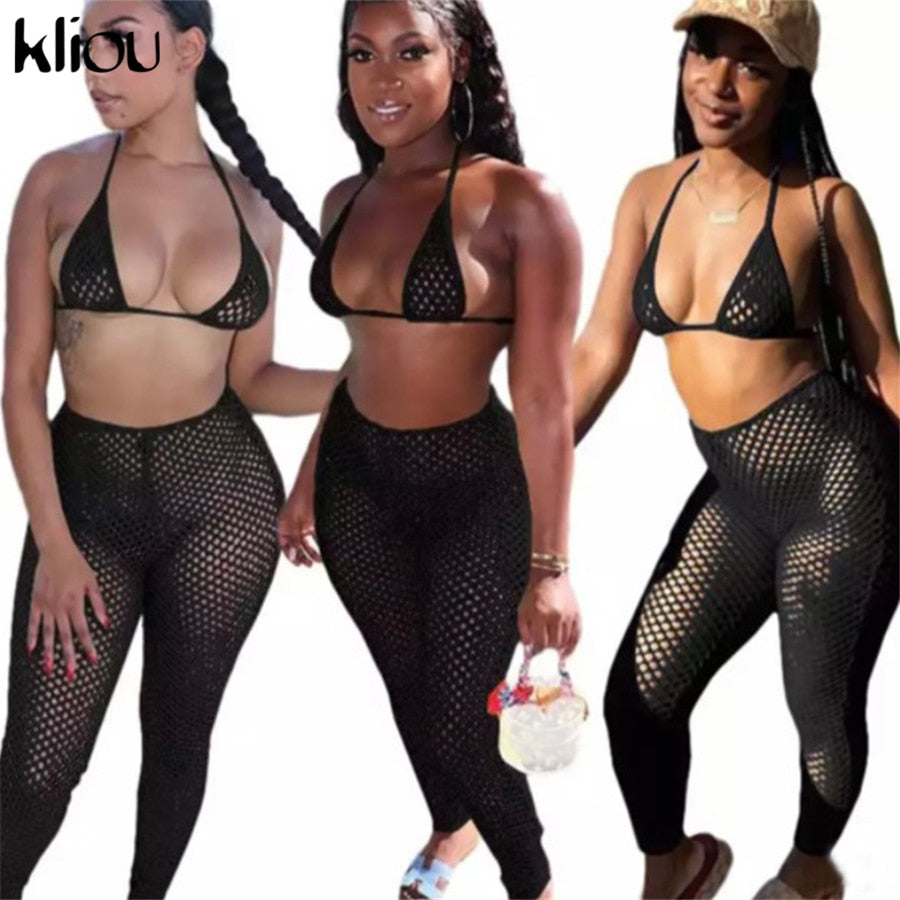 Kliou See Through Hollow Out Sexy Two Piece Set Women Summer Streetwear Fashion Skinny Sexy Sleeveless Halter Bikini Plaid Pants