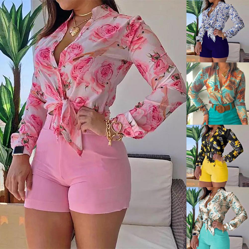 Elegant Office Lady Shirt Stand Collar Single-breasted Floral Print Long Sleeve Buttons Down Blouse for Spring/Summer