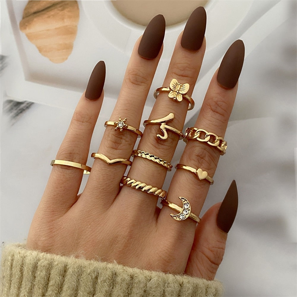 FNIO Bohemian Gold Chain Rings Set For Women Fashion Boho Coin Snake Moon Rings Party 2021 Trend Jewelry Gift