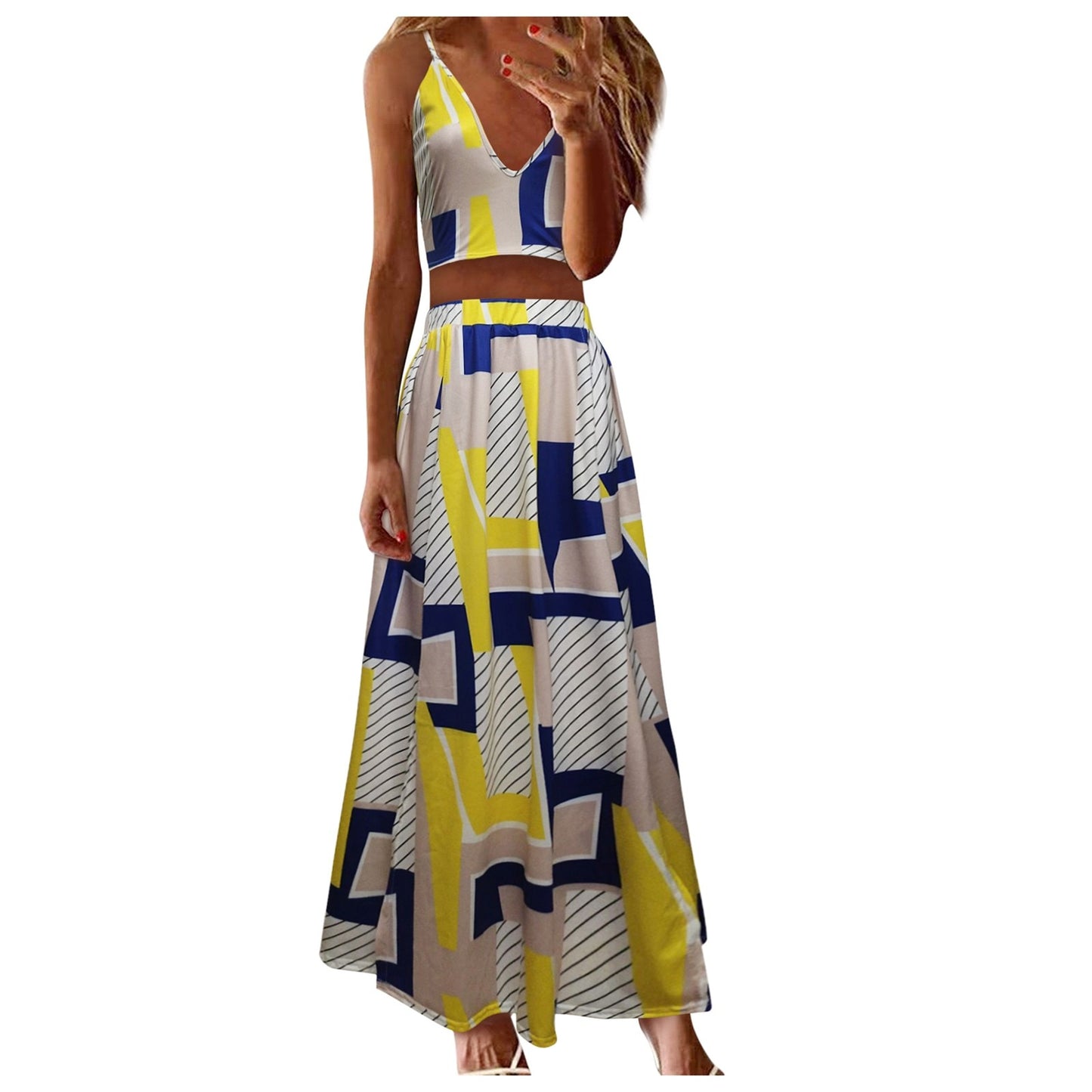 Women  V Neck Solid Crop Top And Sheer Holiday Dress Sets FashionHigh Slit Maxi Skirt Sexy Casual Women Summer Dress Sets 2021