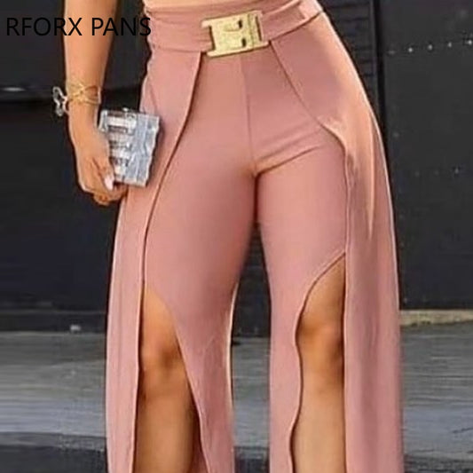 Women Solid Long Slit Pants With Belt Sexy Casual Pants Fashion Pants