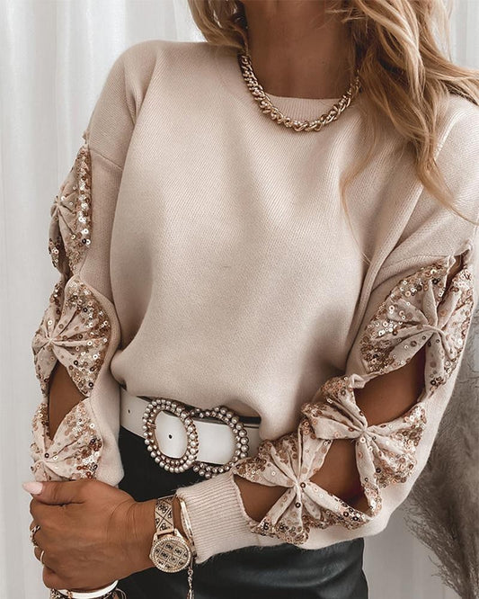 Autumn Elegant Shirt Top Trendy Sequin Bowknot Cutout Long Sleeve O-Neck/Halter Fitting Knitted Wild T-Shirt for Women Ladies