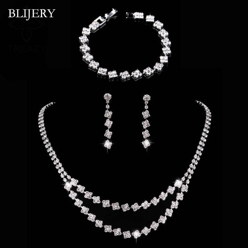 BLIJERY Fashion Crystal Bridal Jewelry Sets Silver Color Geometric Choker Necklace Earrings Bracelet Wedding Jewelry Sets